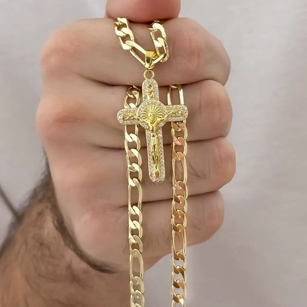 Cadena De Caballero De  Tejido Cartier De 60cm-5mm De Grosor Con Dije De Crucifijo Con Piedras Cristal