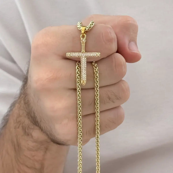 Cadena De Caballero De Tejido  Franco De 60cm-4mm De Grosor Con Dije De Cruz Cristal