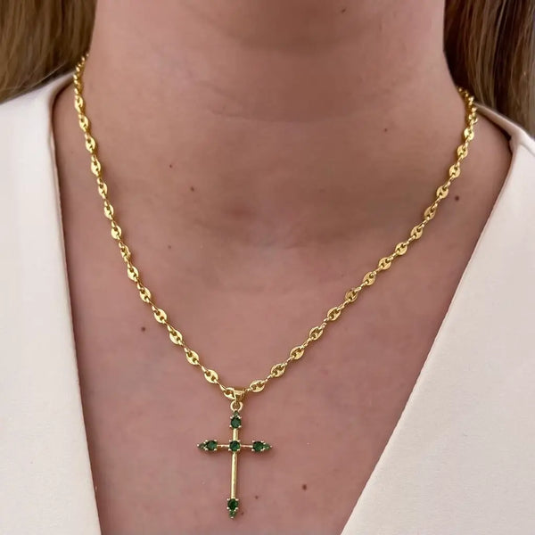 Cadena De Dama De Tejido Gucci De 50cm-3mm De Grosor Con Dije De Cruz De Piedras Verdes