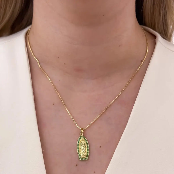 Cadena De Dama De Tejido Veneciano De 50cm-1mm De Grosor Con Dije De Guadalupe De Piedras Verdes