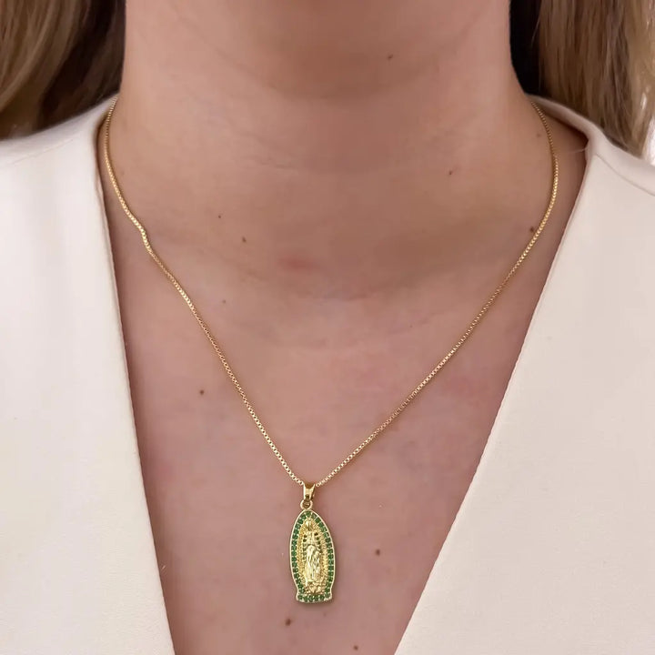 Cadena De Dama De Tejido Veneciano De 50cm-1mm De Grosor Con Dije De Guadalupe De Piedras Verdes