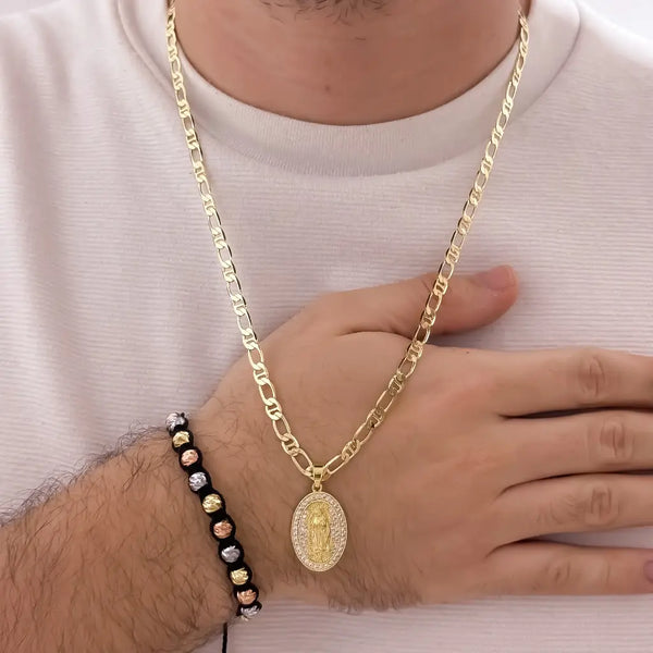 Conjunto De Caballero Con Cadena De Tejido 1X1 Con Dije De La Virgen De Guadalupe Y Manilla De Balines Italianos Tres Oros