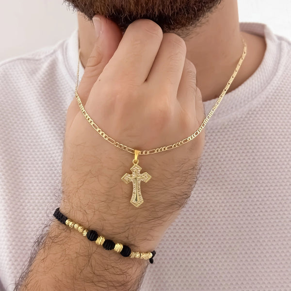 Conjunto De Caballero Con Cadena De Tejido Cartier Con Dije De Cruz Cristal Y Manilla De Balines Y Neoprenos