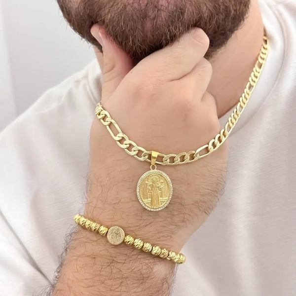 Conjunto De Caballero Con Cadena De Tejido Cartier, Dije De San Benito Y Manilla Italiana Con Herraje De San Benito