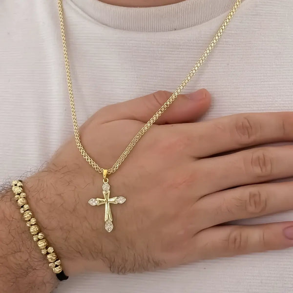 Conjunto De Caballero Con Cadena De Tejido Chino, Dije De Cruz Cristal Y Manilla