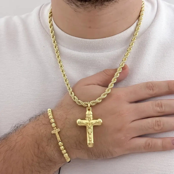 Conjunto De Caballero Con Cadena De Tejido Lazo, Dije De Crucifijo Y Manilla Italiana Con Herraje De Cruz