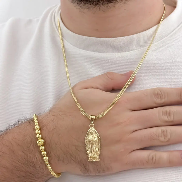 Conjunto De Caballero Con Cadena De Tejido Sedusa, Dije De La Virgen De Guadalupe Y Manilla Dorada