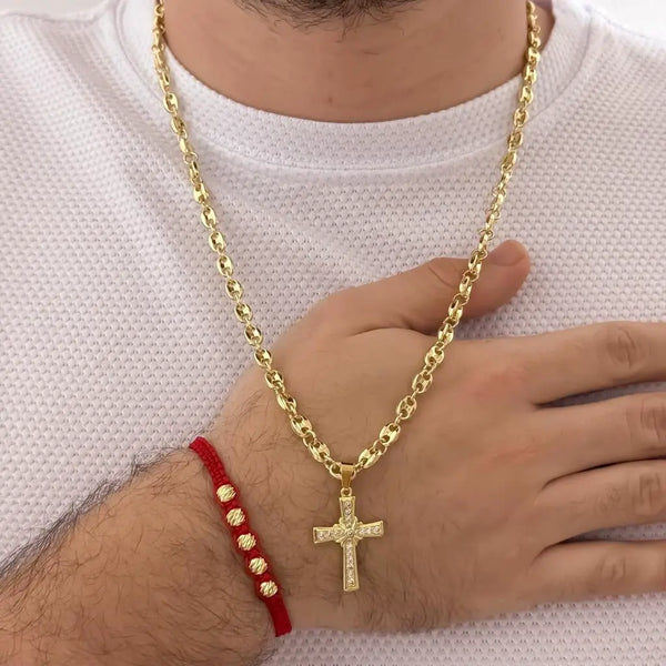 Conjunto De Caballero Con Cadena Gucci De Aros, Dije De Cruz Cristal Y Manilla Roja De Balines Italianos