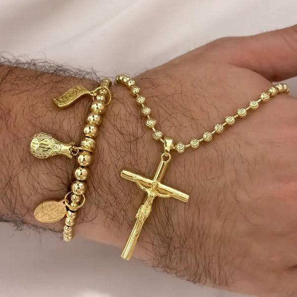 Conjunto De Caballero Con Cadena Militar, Dije De Crucifijo Grande Y Manilla De La Abundancia De Tres Balines