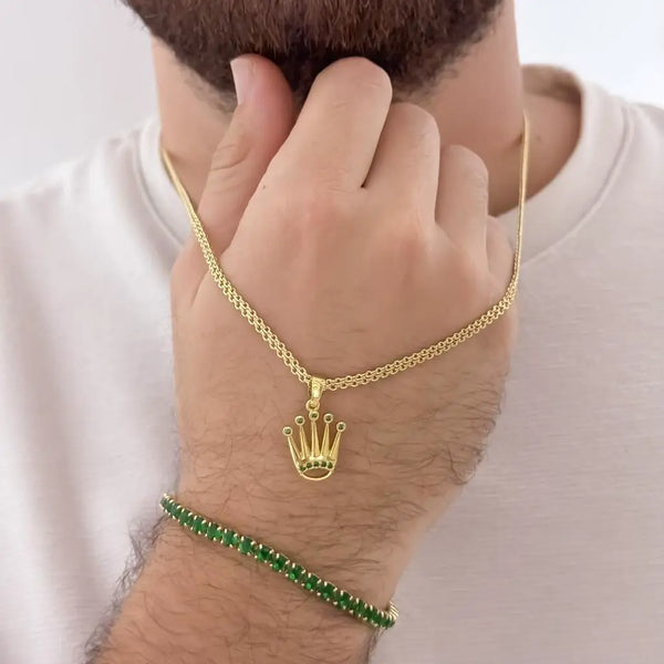 Conjunto De Caballero Con Cadena Tejido Chino, Dije De Corona Rolex Y Pulsera Tenis Verde