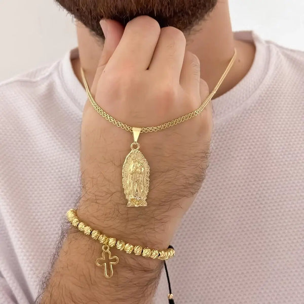 Conjunto De Caballero Con Cadena Tejido Chino, Dije De La Virgen De Guadalupe Y Manilla Italiana Con Dije De Silueta De Cruz