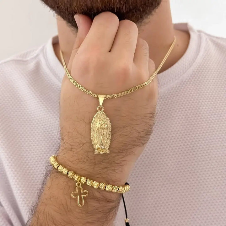 Conjunto De Caballero Con Cadena Tejido Chino, Dije De La Virgen De Guadalupe Y Manilla Italiana Con Dije De Silueta De Cruz
