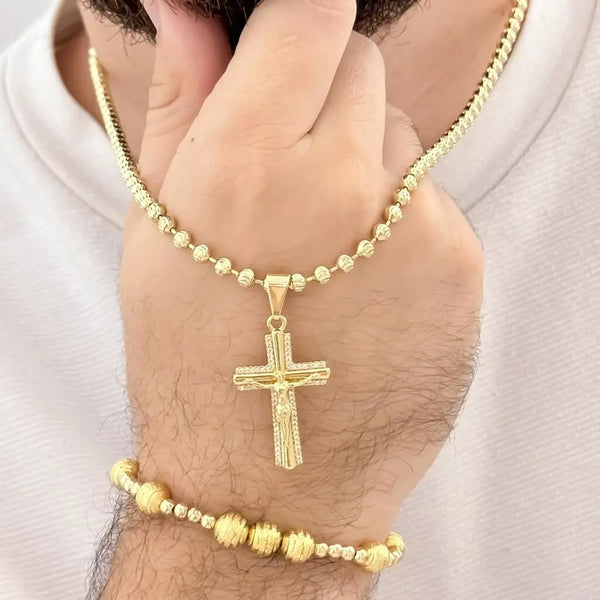 Conjunto De Caballero De Tejido Militar Con Dije De Crucifijo Y Manilla De Balines Lisos Y Diamantados