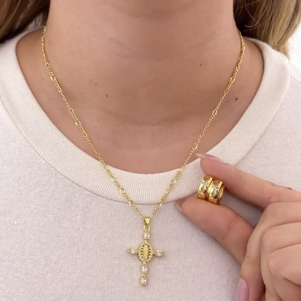 Conjunto De Dama Con Cadena Cartier, Dije De Cruz Cristal De La Virgen Y Par De Candongas De Cruz Cristal