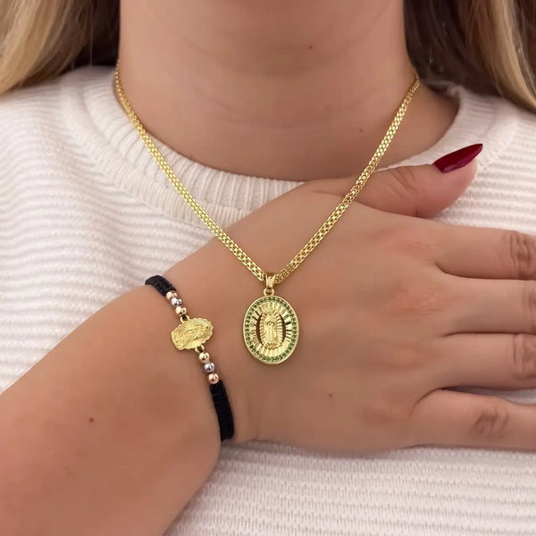 Conjunto De Dama Con Cadena China, Dije De La Virgen De Guadalupe Y Manilla De Tres Oros Con Herraje