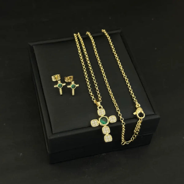 Conjunto De Dama Con Cadena De Tejido Aros De 50cm-1mm De Grosor Con Dije De Cruz Cristal Y Topos De Cruz + Envpío Gratis