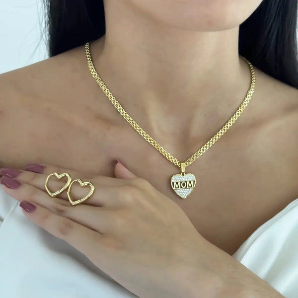 Conjunto De Dama Con Cadena De Tejido Chino De 50cm-3mm De Grosor Con Dije De Corazón Y Candongas De 20mm + Envío Gratis