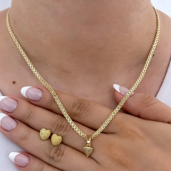 Conjunto De Dama Con Cadena De Tejido Chino Y Dije Y Topos De Corazón.