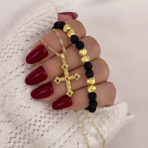 Conjunto De Dama Con Cadena De Tejido Crispeta, Dije De Cruz De Colores Y Manilla De Neoprenos e Italianos