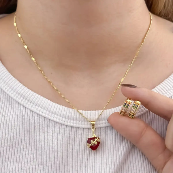 Conjunto De Dama Con Cadena De Tejido Cubana Con Destellos, Dije De Corazón Y Candongas