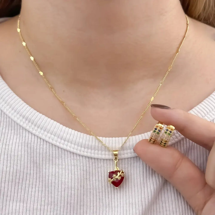 Conjunto De Dama Con Cadena De Tejido Cubana Con Destellos, Dije De Corazón Y Candongas
