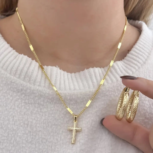 Conjunto De Dama Con Cadena De Tejido Cubana Con Destellos, Dije De Cruz Cristal Y Candongas