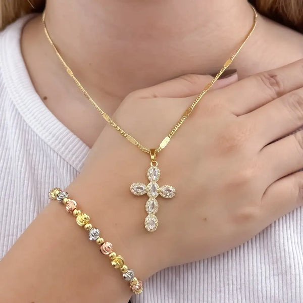 Conjunto De Dama Con Cadena De Tejido Cubana Con Destellos, Dije De Cruz Cristal Y Manilla Tres Oros Italiana
