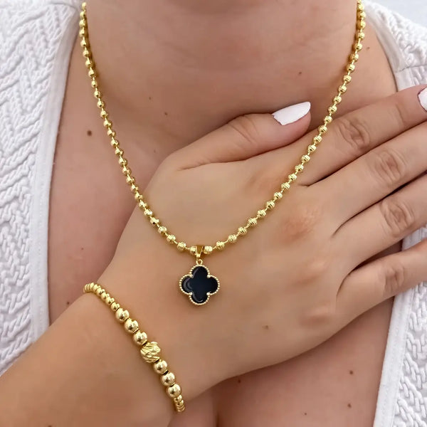 Conjunto De Dama Con Cadena De Tejido Militar, Dije De Trébol Negro Y Manilla