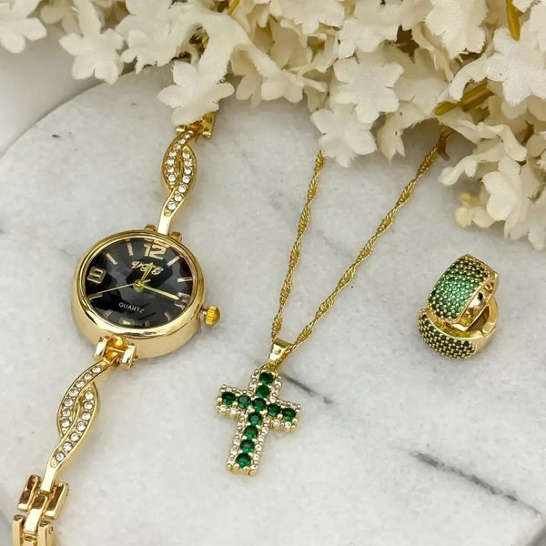 Conjunto De Dama Con Cadena De Tejido Singapur, Dije De Cruz Verde, Par De Candongas Verdes Y Reloj De Dama