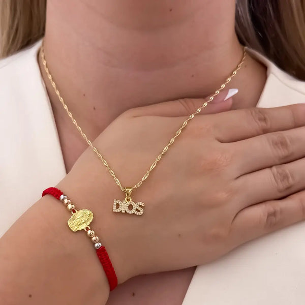 Conjunto De Dama Con Cadena De Tejido Singapur, Dije De DIOS Cristal Y Manilla De Balines Tres Oros Con Herraje De La Virgen De Guadalupe