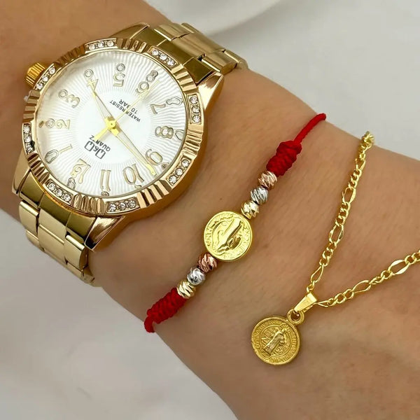 Conjunto De Dama Con Cadena Tejido Cartier, Dije De San Benito, Manilla De Balines Tres Oros Y Herraje De San Benito Y Reloj QyQ