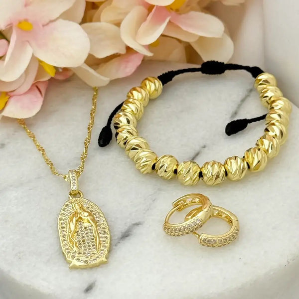 Conjunto De Dama Con Cadena Tejido Crispeta, Dije De Guadalupe Cristal, Manilla Italiana Y Par De Candongas Cristal
