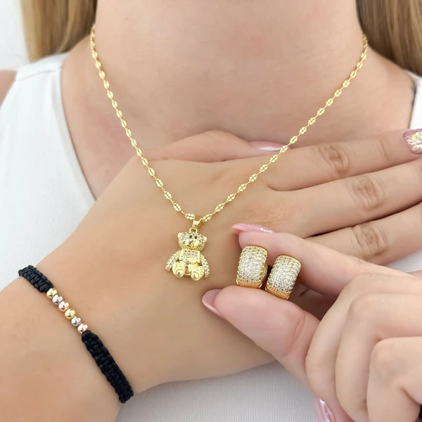 Conjunto De Dama Con Cadena Tejido Crispeta, Dije De Oso, Candongas Cristal Y Manilla + Envío Gratis